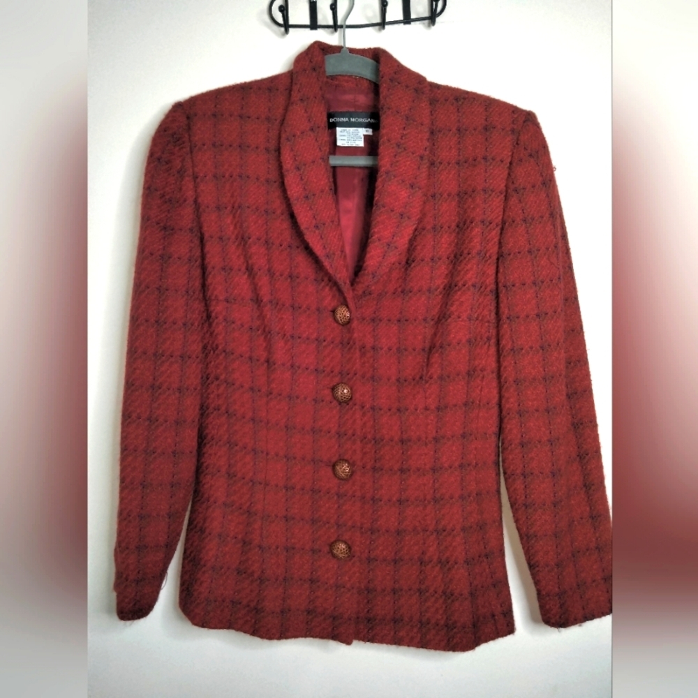 Donna Morgan (Size 10) Red Vintage Plaid Pattern LS Button Front Blazer Coat